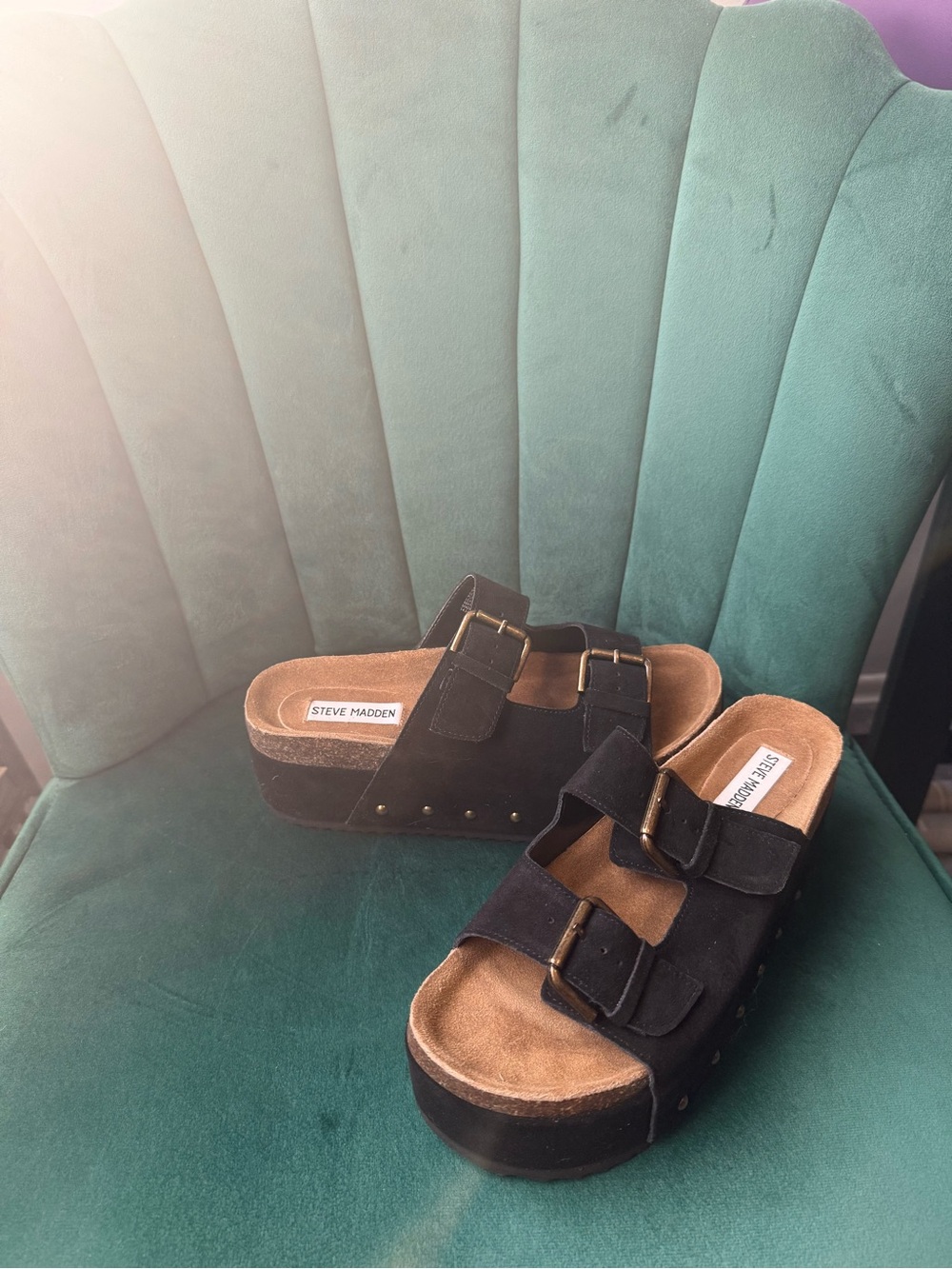 Steve Madden Black Suede Double-Buckle Platform Slides
